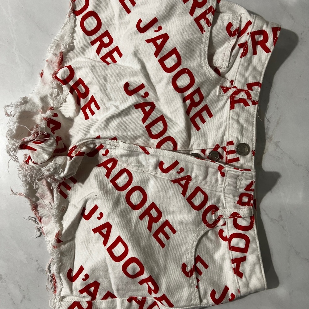 White and Red J'ADORE Denim Shorts